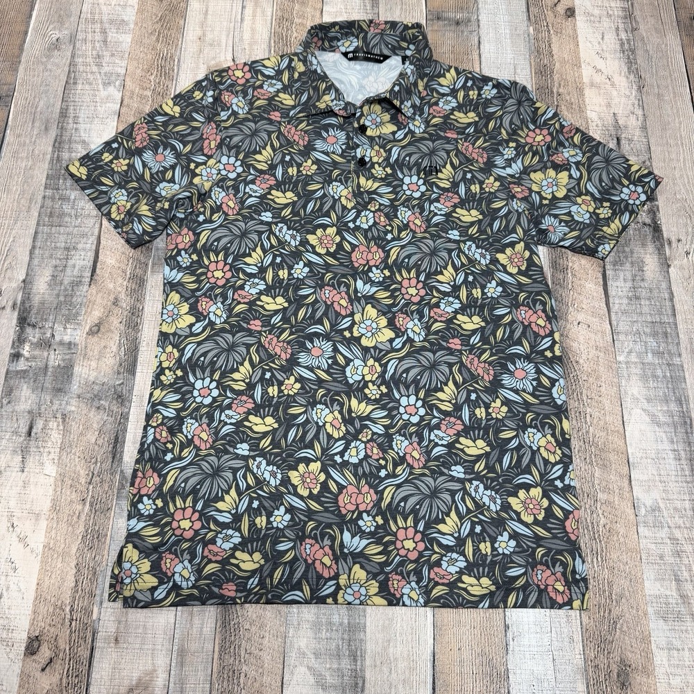 TravisMathew Polo Shirt Mens Small Multicolor AOP Floral Performance Golf